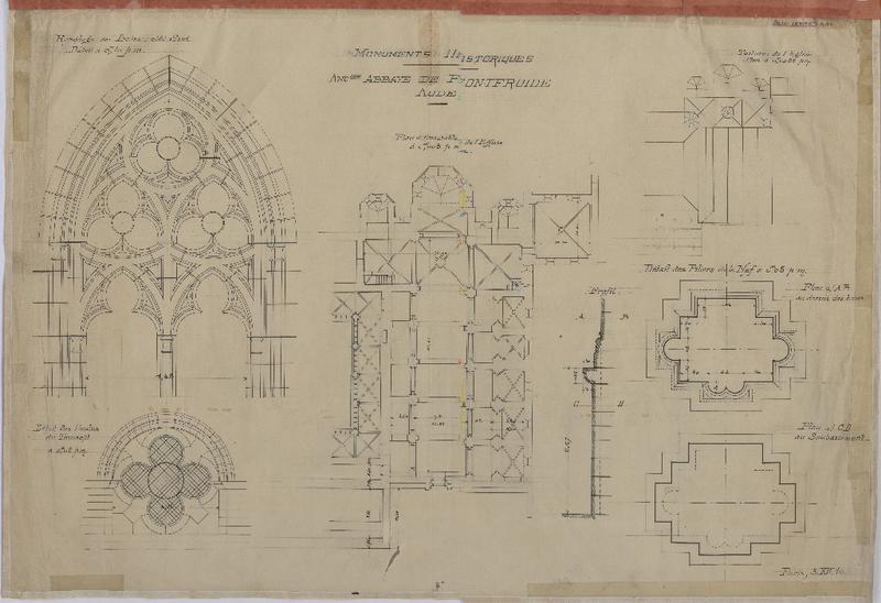 Plan d'ensemble de l'église ; détails sur piles et baie ; plan de toiture.