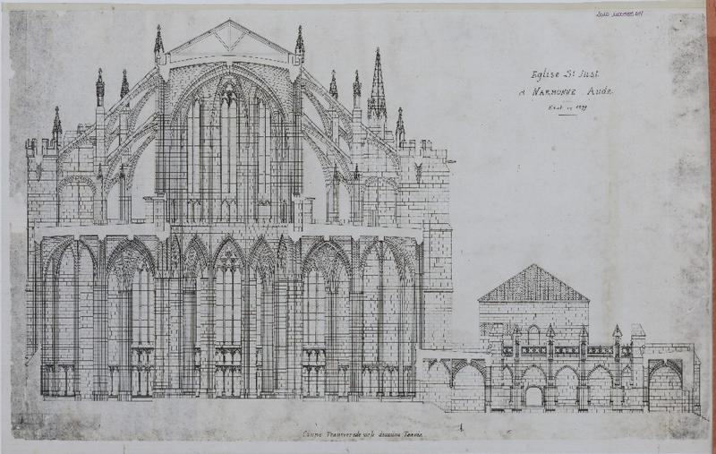 Coupe transversale sur la deuxième travée de l'église et sur le cloître.