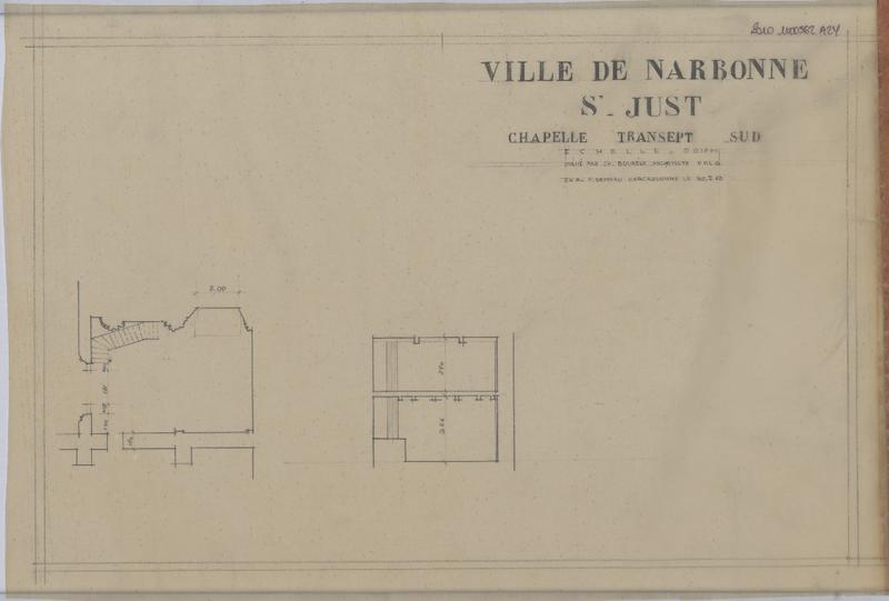 Chapelle et transept sud ; plan et coupe.