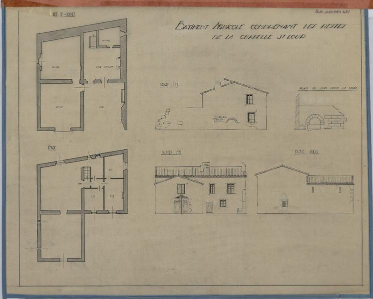 Bâtiment agricole comprenant les restes de la chapelle Saint-Loup ; plan RDC et étage ; façades ; plan du mur dans la cour.