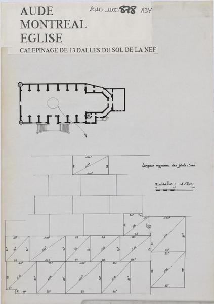 Calepinage de 13 dalles du sol de la nef ; plan et plan de situation.