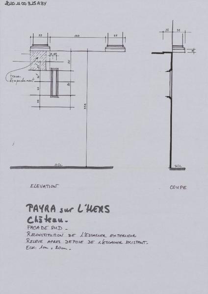 Escalier donnant accès à la façade sud ; élévation et coupe.