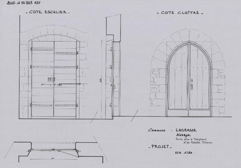 Porte d'accès du cloître ; projet élévations extérieur et interieur ; plan vu du dessus.