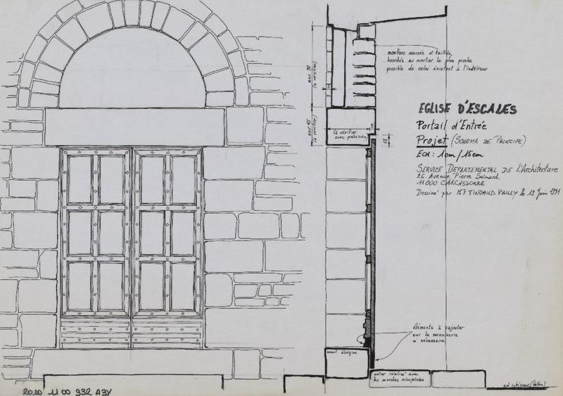 Portail d'entrée de l'église ; schéma de principe ; élévation et coupe.