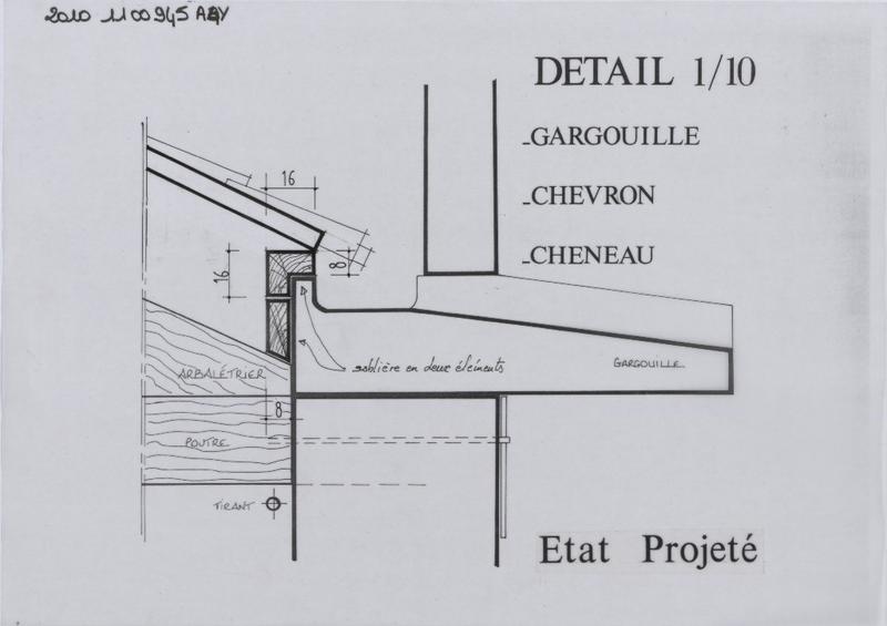 Chapelle de la Madeleine ; détail gargouilles, chevrons, chenaux, état projeté : coupe.