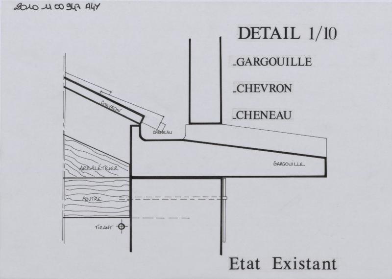 Chapelle de la Madeleine ; détail gargouilles, chevrons, chenaux, état existant ; coupe.