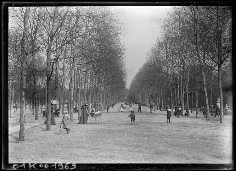 Le jardin en hiver : enfants et promeneurs dans les allées de platanes