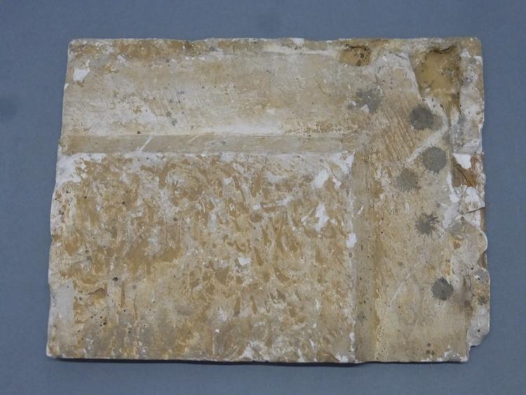 Mur nord de la chapelle : moulage de l’angle d’une pierre taillée en bossage, angle d’une assise à bossages