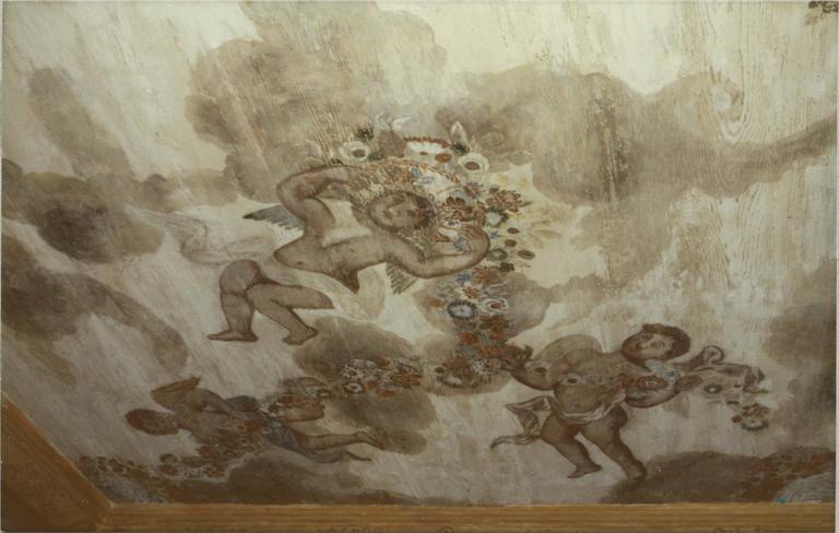 plafond de l'escalier du cloître, restauration 1973, vue de détail, angelots et guirlandes de fleurs