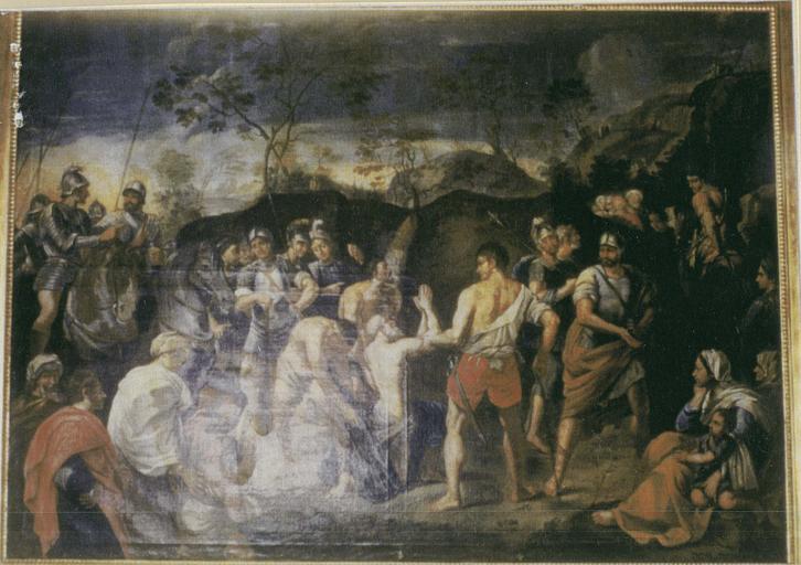 tableau : le Martyre de saint André, huile sur toile et son cadre en bois doré, 17e siècle