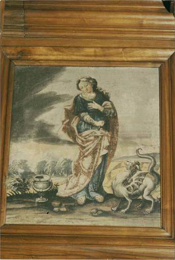 boiserie et décors de la pharmacie, début 18e siècle, détail de panneau peint avec sainte Marthe