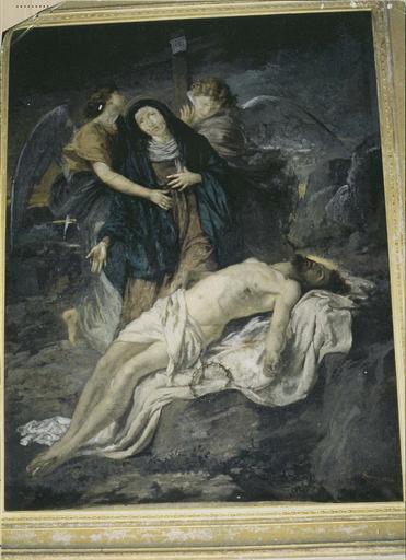 tableau : la Vierge soutenue par deux anges se lamentant sur le corps du Christ mort, huile sur toile signée Schoy, 1866