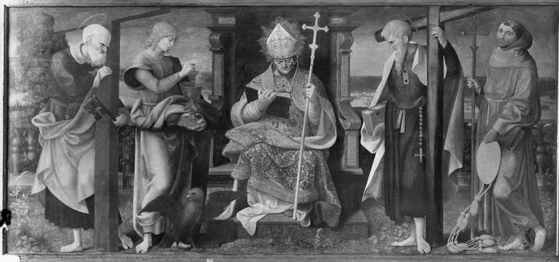 tableau : Saint évêque entouré de saint Pierre, saint Jean l'évangéliste, saint Philippe et saint Bonaventure