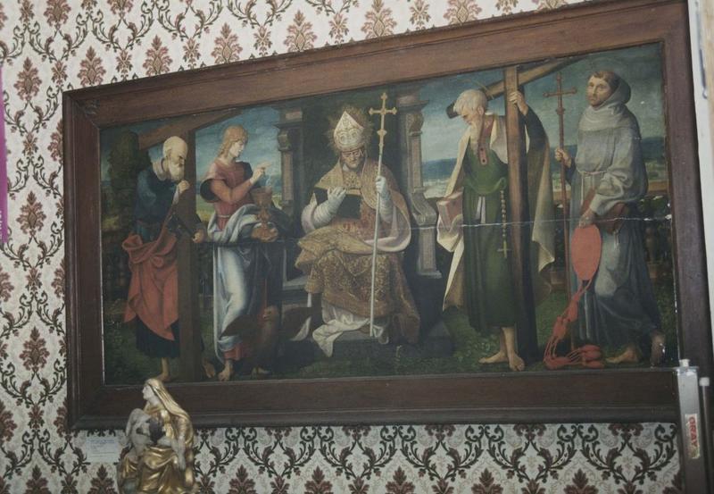 tableau : saint évêque entouré de saint Pierre, saint Jean l'évangéliste, saint Philippe et saint Bonaventure, vue générale