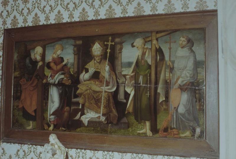 tableau : saint évêque entouré de saint Pierre, saint Jean l'évangéliste, saint Philippe et saint Bonaventure, vue générale