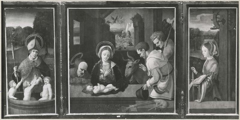 tableau (triptyque) : Adoration des bergers, saint Nicolas, sainte Catherine, volets ouverts, vue générale - © Ministère de la Culture (France), Médiathèque du patrimoine et de la photographie (objets mobiliers), tous droits réservés