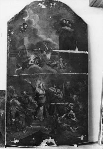 tableau : Le Triomphe de la Vierge, huile sur toile, après rentoilage et enlevage des repeints