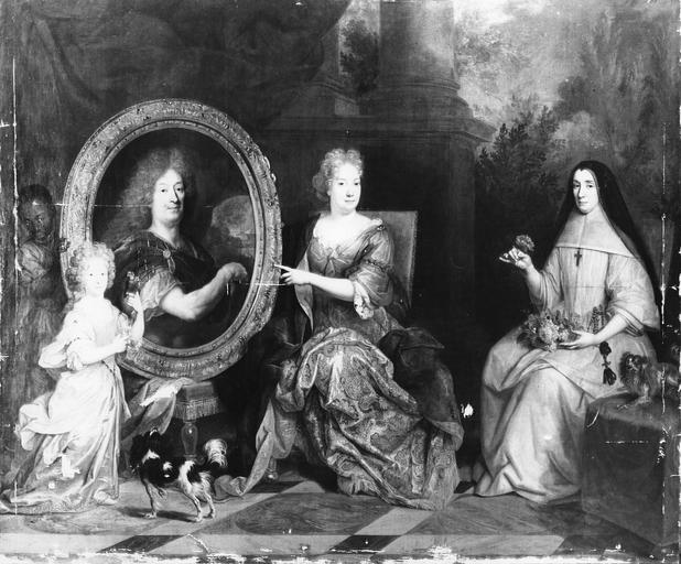 tableau : Pierre Stoppa, Anne de Gondy son épouse et Anne de la Bretonnière, leur nièce, huile sur toile de Largillière, après rentoilage et nettoyage, avant retouches