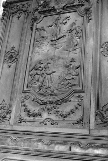 banc d'oeuvre, 17e siècle, détail du bas-relief de l'Ascension