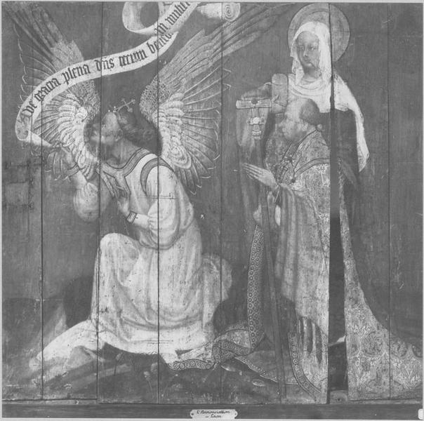 tableau : l'ange de l'Annonciation avec un abbé et une sainte, vue générale - © Ministère de la Culture (France), Médiathèque du patrimoine et de la photographie (objets mobiliers), tous droits réservés