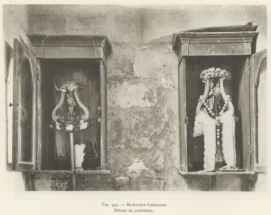 2 bâtons de procession (bâton de confrérie) : Vierge, saint Sébastien