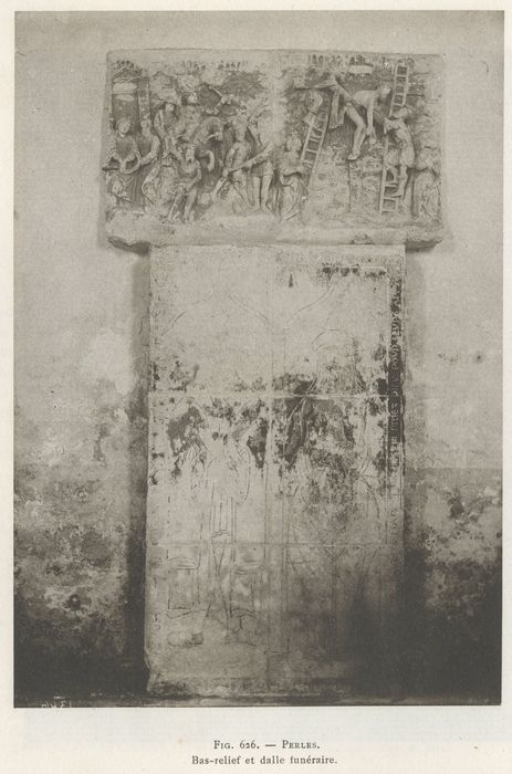 bas-relief : Portement de croix, Descente de Croix ; dalle funéraire de Jean Lemoine et de sa femme  