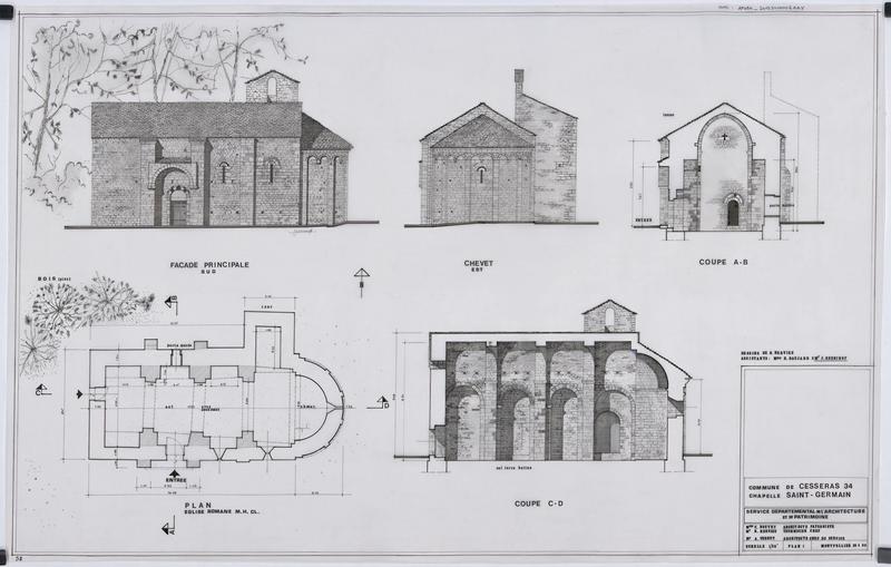 Plan RDC ; Coupe AB ; Coupe CD ; Façade Sud et Façade Est.