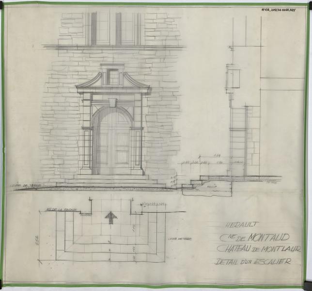 Détail d'un escalier, vue en plan, élévation et coupe.