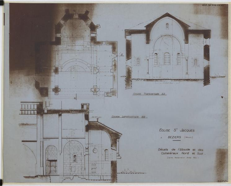 Détail de l'abside et des collatéraux nord et sud (après restauration 1964), plan partiel, coupe transversale AA, coupe longitudinale BB.