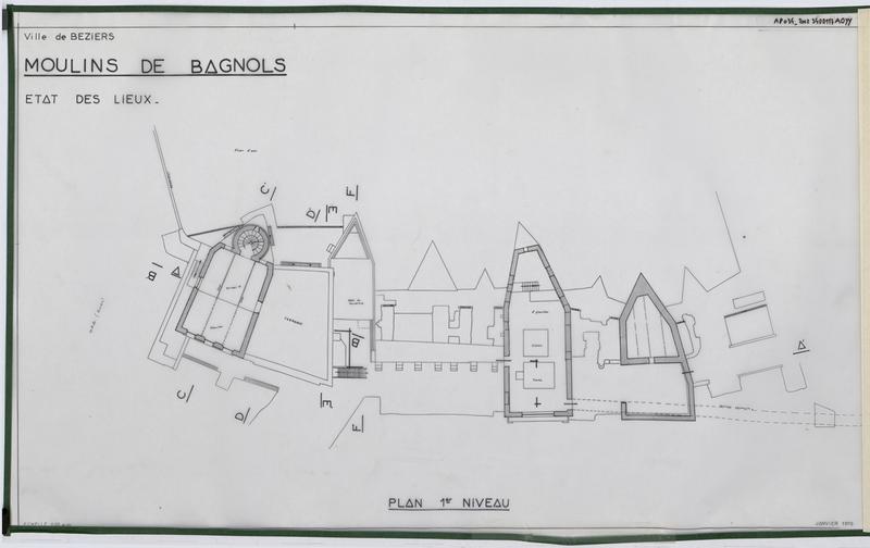 Moulins de Bagnols : état des lieux, plan 1er niveau.