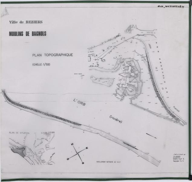 Moulins de Bagnols : plan de situation et plan topographique.