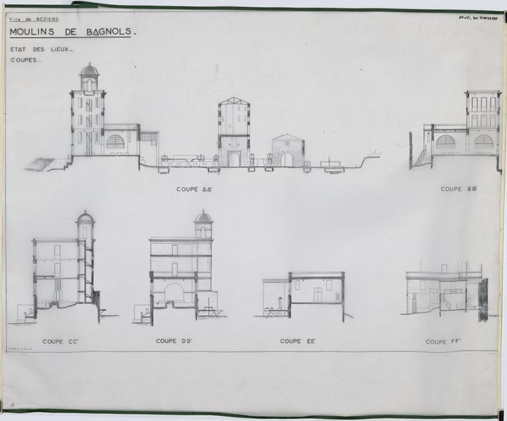 Moulins de Bagnols : état des lieux, coupes, AA', BB', CC', DD', EE', FF'.