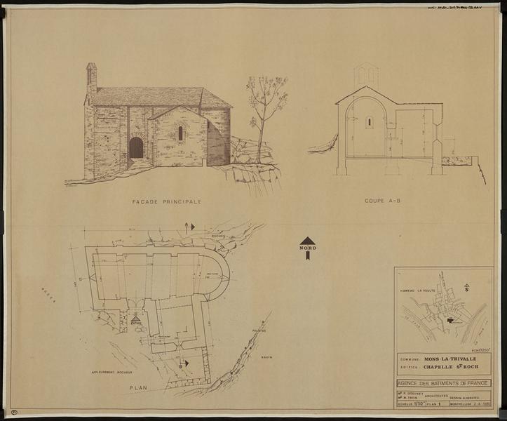 Plan masse, plans des étages, coupe AB, façade principale.