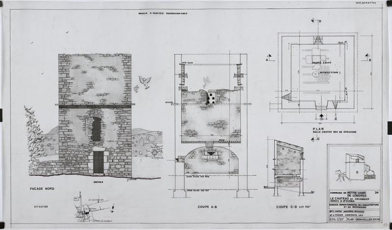 Colombier : façade nord (entrée), coupes AB et CD, salle voûtée du rez-de-chaussée, Plan 1.