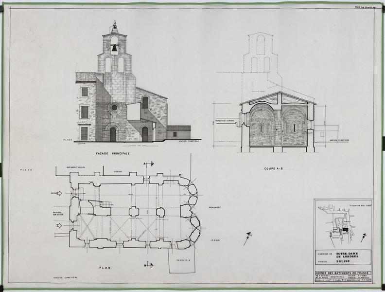 Façade principale, coupe AB et plan, Plan 1.