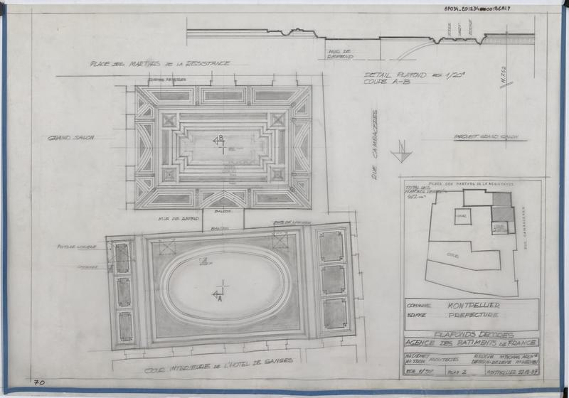 Relevé : plafonds décorés, parquet du grand salon, cour intérieure de l'hôtel de Ganges.