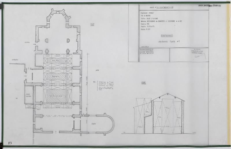 Restauration des charpentes et couvertures de la nef : échafaudage, attachement figuré n°1. Vues en plan et en coupe.