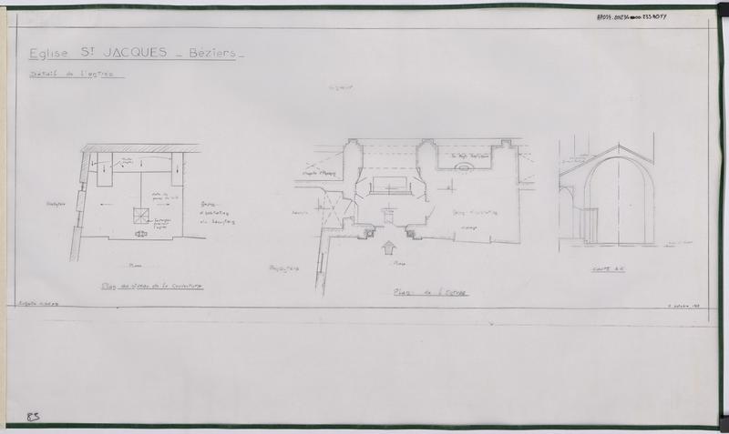 Détail de l'entrée : plan, plan au niveau de la couverture et coupe AA'.