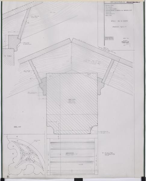 Opération restauration des charpentes et des couvertures de la nef. détail bois de charpente, attachement figuré n°3. Console profil et coupe sur panne faîtière.