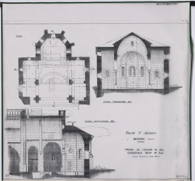 Détail de l abside et des collatéraux nord et sud (après restauration 1954), plan partiel, coupe transversale AA, coupe longitudinale partielle.