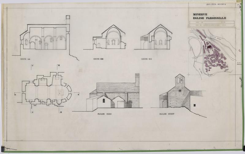 Vue en plan, coupe longitudinale, 2 coupes transversales, façades nord et ouest et plan de situation (1/1000e).