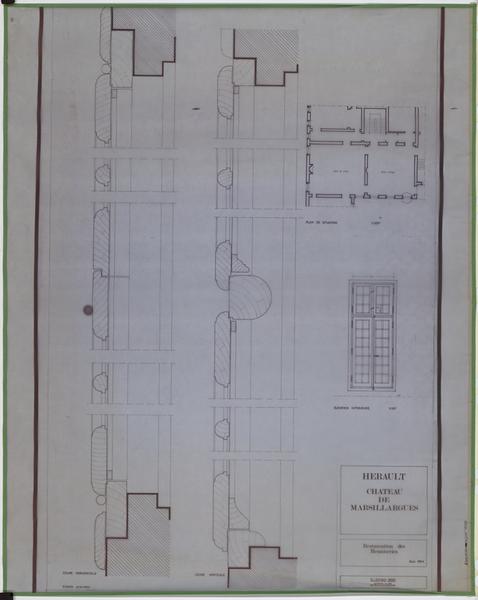 Restauration des menuiseries de la salle à manger : plan de situation (1/100e), élévation intérieure (1/20e) et coupes horizontale et verticale (échelle 1) : état des lieux.