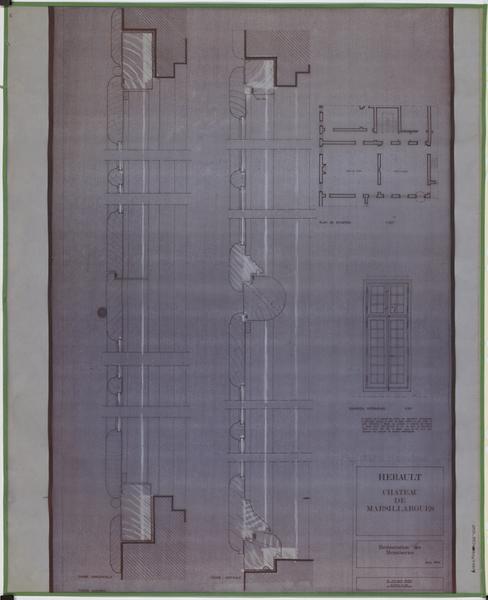 Restauration des menuiseries de la salle à manger : plan de situation (1/100e), élévation intérieure (1/20e) et coupes horizontale et verticale (échelle 1) : projet.