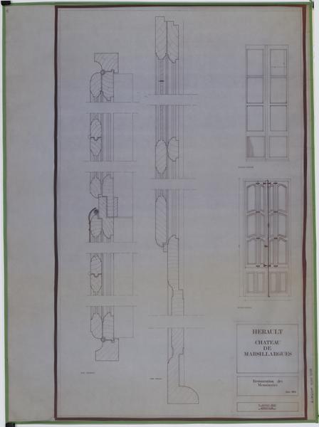 Restauration de menuiseries : élévation intérieure (1/20e) et coupes horizontale et verticale (échelle 1).