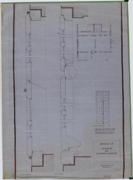 Restauration des menuiseries de la salle de billard : plan de situation (1/100e), élévation intérieure (1/20e) et coupes horizontale et verticale (échelle 1) : projet.