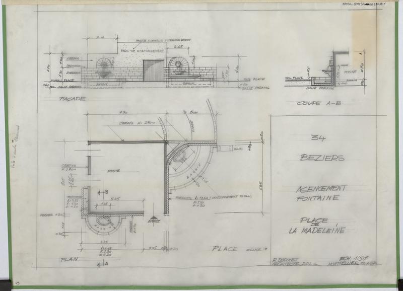 Agencement fontaine de la place Madeleine : plan, coupe, façade.