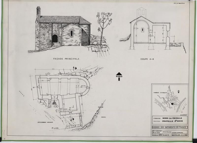 Plan, coupe transversale, façade principale.