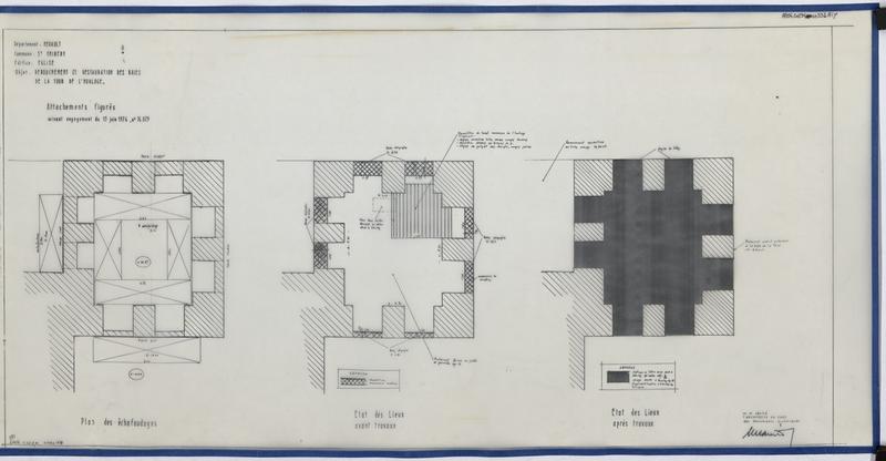 Débouchement et restauration des baies de la Tour de l'Horloge, plan d'échafaudage, état des lieux avant et après travaux.