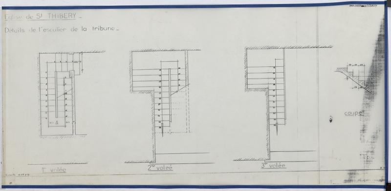 Détail de l'escalier de la tribune, plans, coupe.