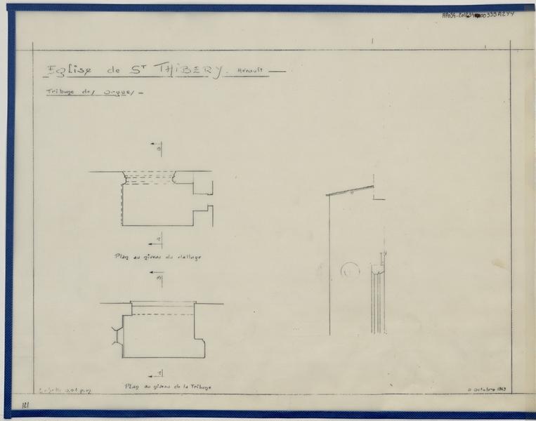 Tribune des orgues, plan niveau de dallage, plan niveau tribune, coupe transversale.